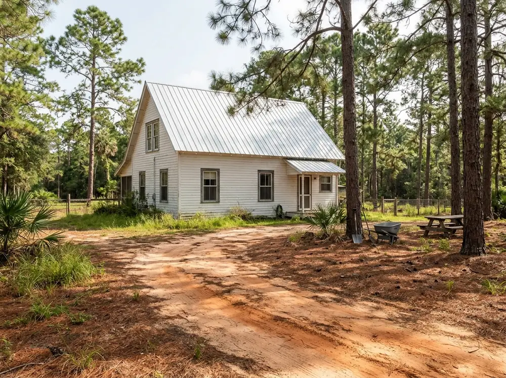 Bare Galvalume 5V crimp panels on a two-story white frame farmhouse with a red clay drive