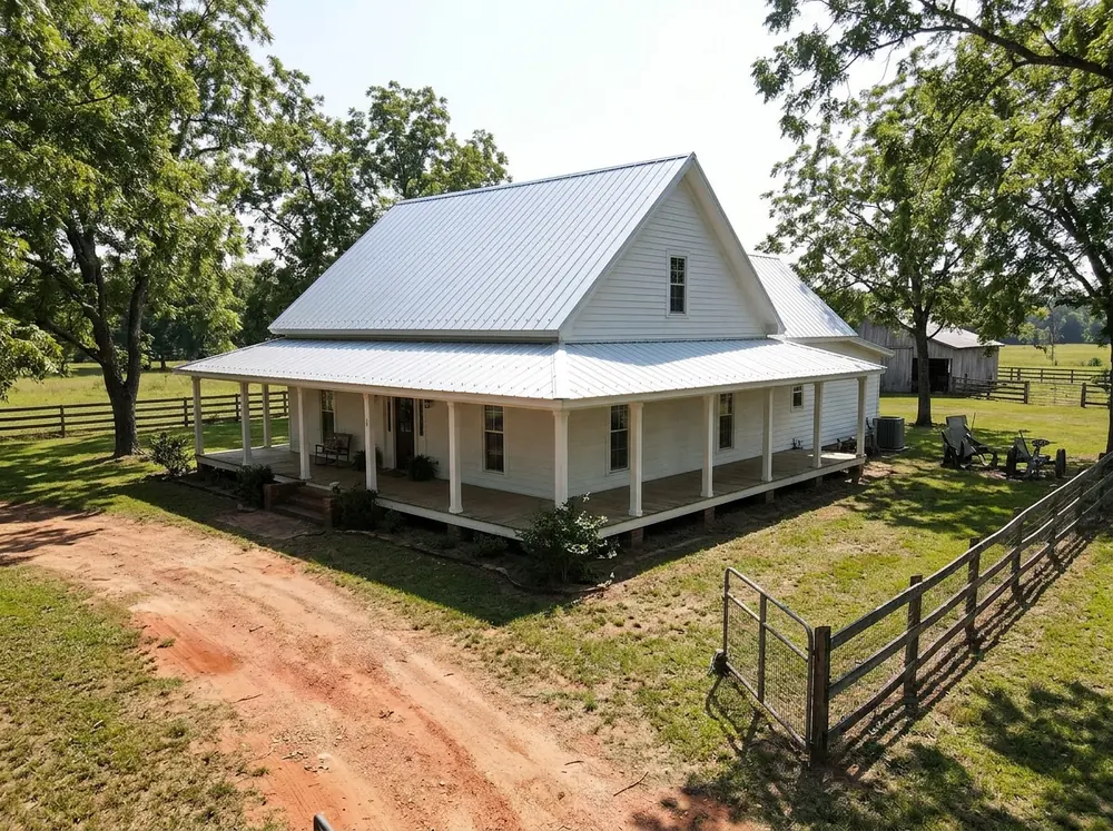 Silver 5V crimp metal roof on a white farmhouse with a wraparound porch