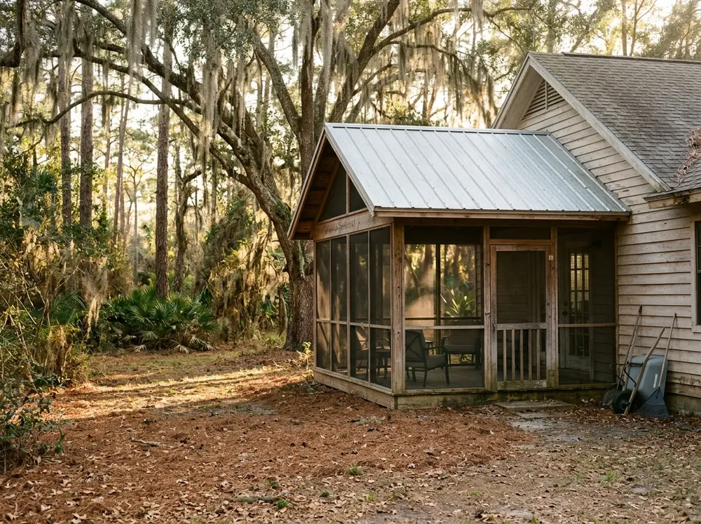 Silver 5V crimp metal roof on a screened back porch attached to a frame house