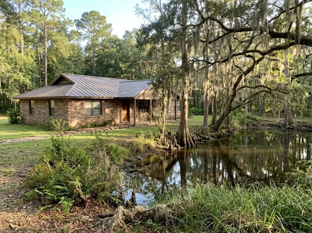 Bronze aluminum standing seam roof on a single-story brick house beside a pond