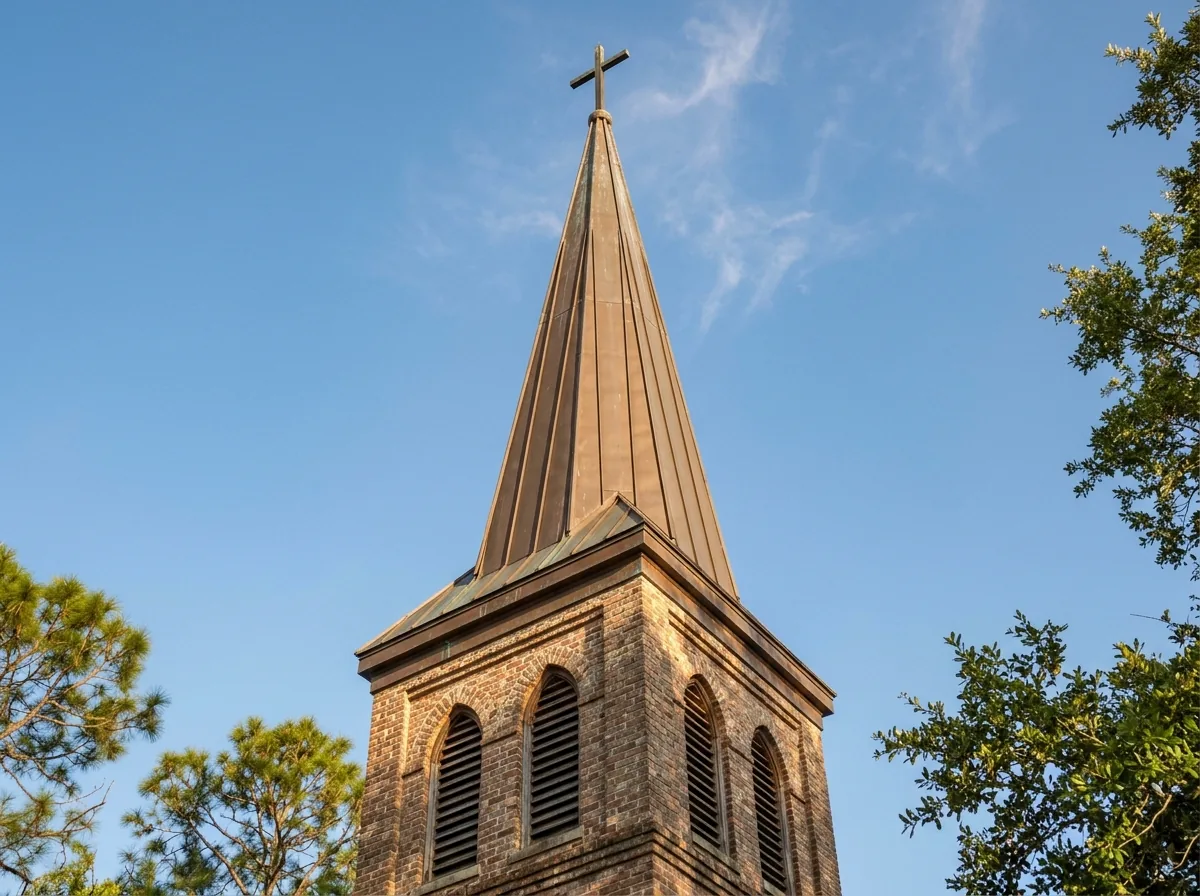 Copper standing seam cladding on a church steeple turning brown against a blue sky