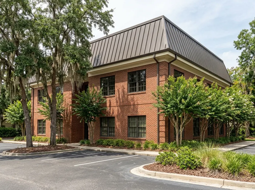 Dark bronze architectural standing seam roof on the mansard of a two-story brick office building