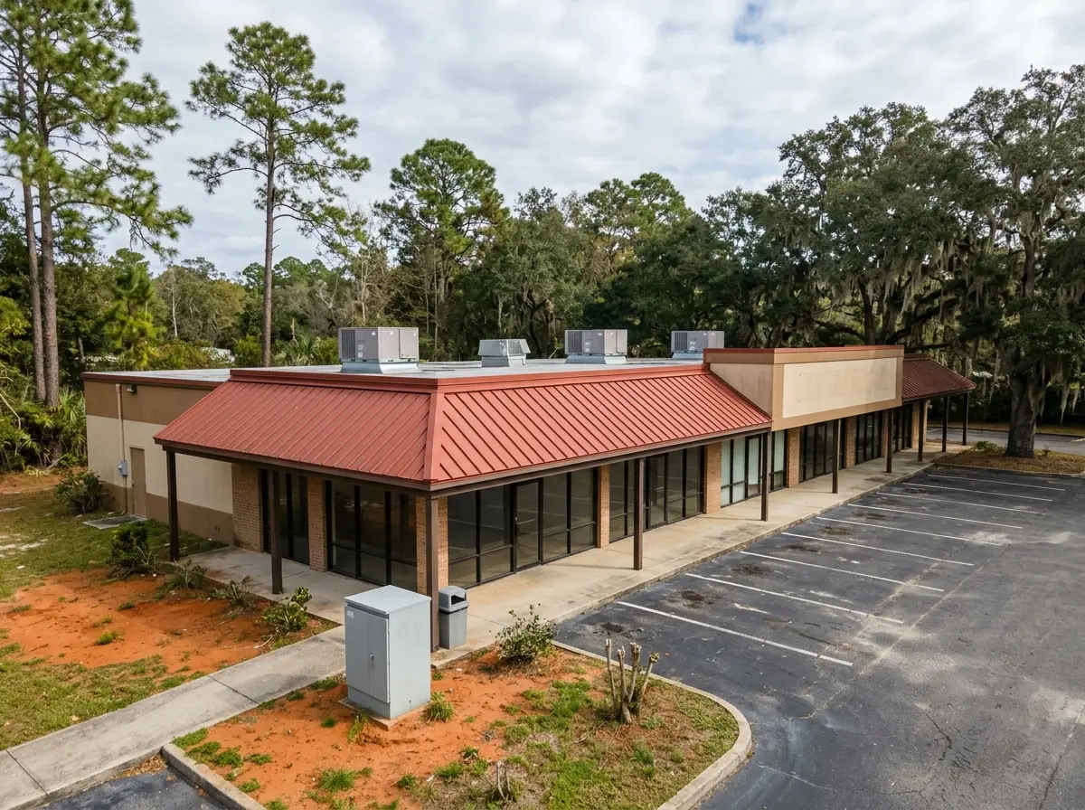 Strip retail building with a red standing seam metal roof over the storefront canopy and flashed rooftop equipment curbs
