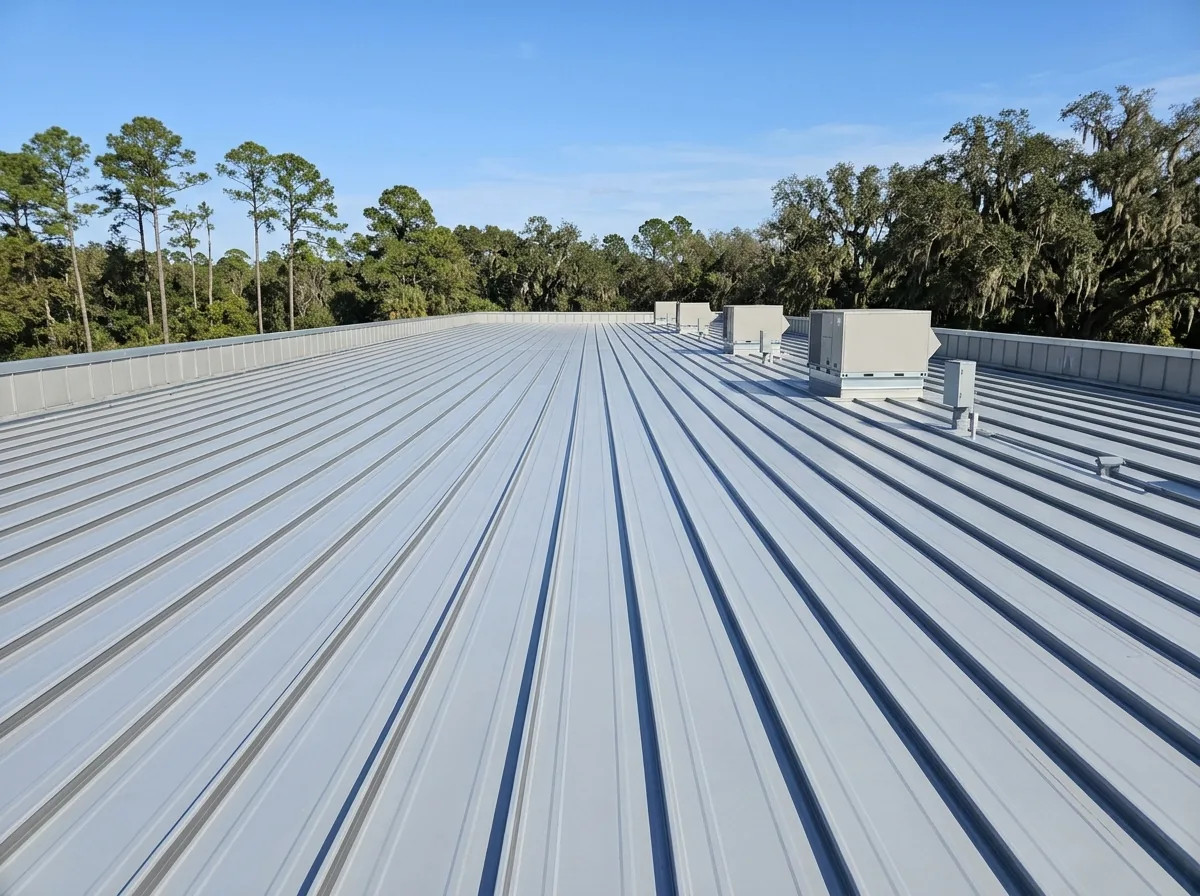 Long double-lock standing seam panels running across a low-slope commercial roof with rooftop units in the distance