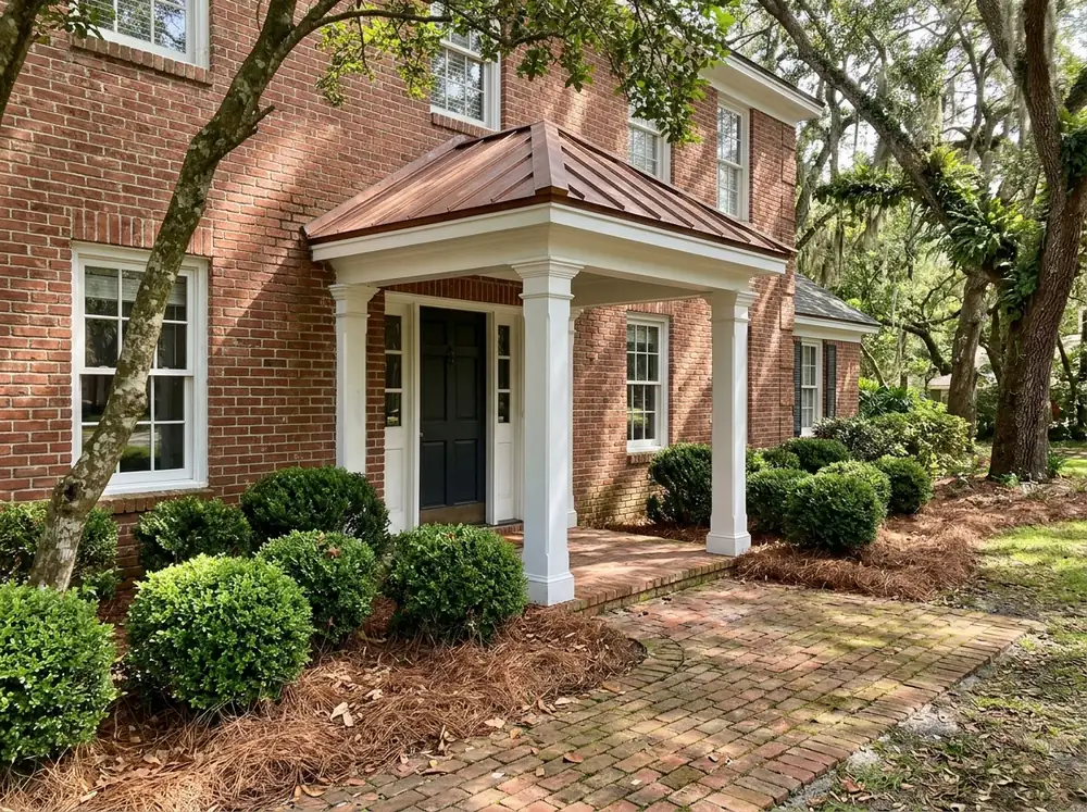 Copper hip roof over a front entry portico with white columns on a brick house