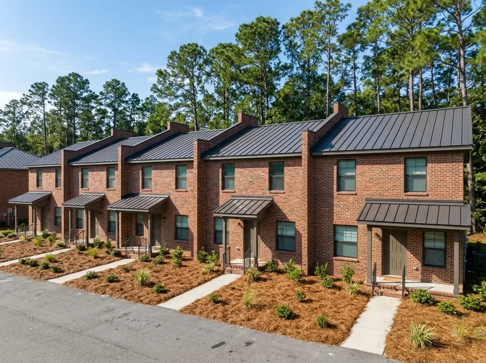 Row of two-story brick townhomes with matching charcoal standing seam metal roofs under pine trees