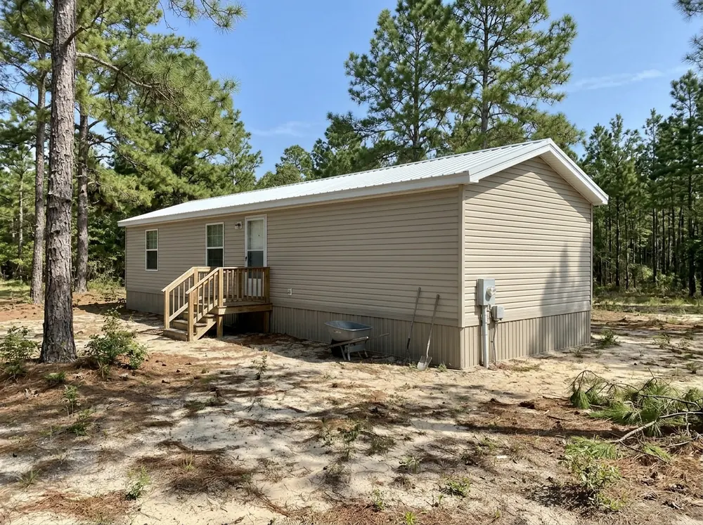 Manufactured home on a skirted block foundation with a new white metal roof-over