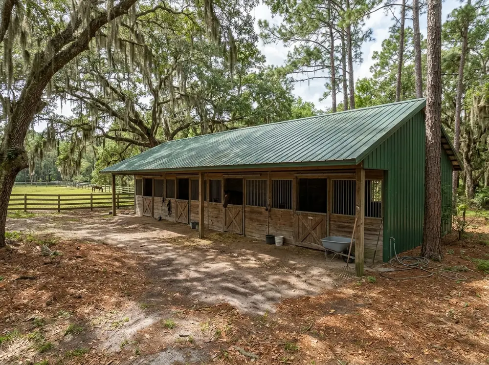 Shed-row horse barn with a green R-panel metal roof and a deep overhang shading the stall fronts