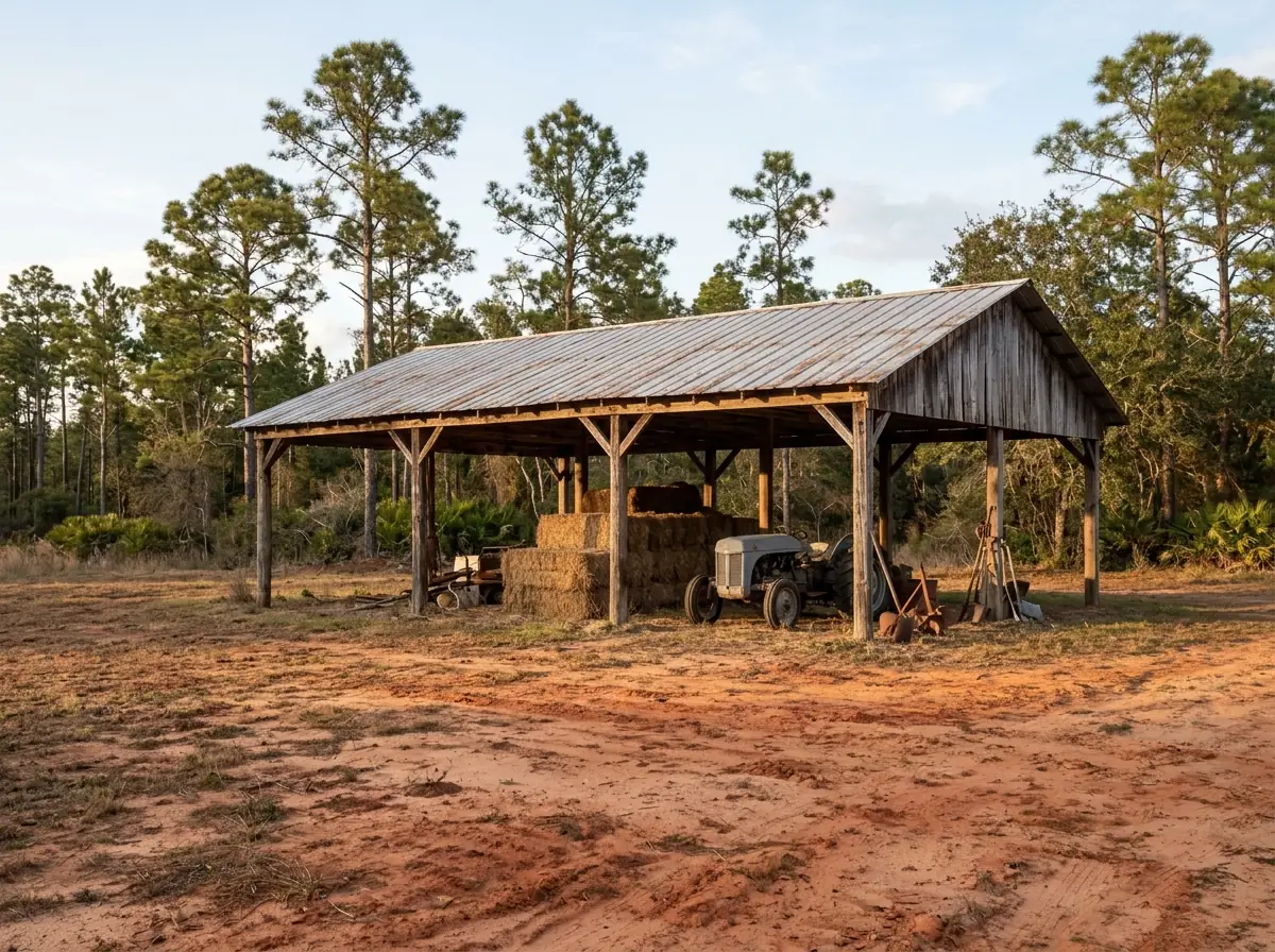 Open pole barn with a galvanized corrugated metal roof on wood posts in a red clay pasture with longleaf pines behind
