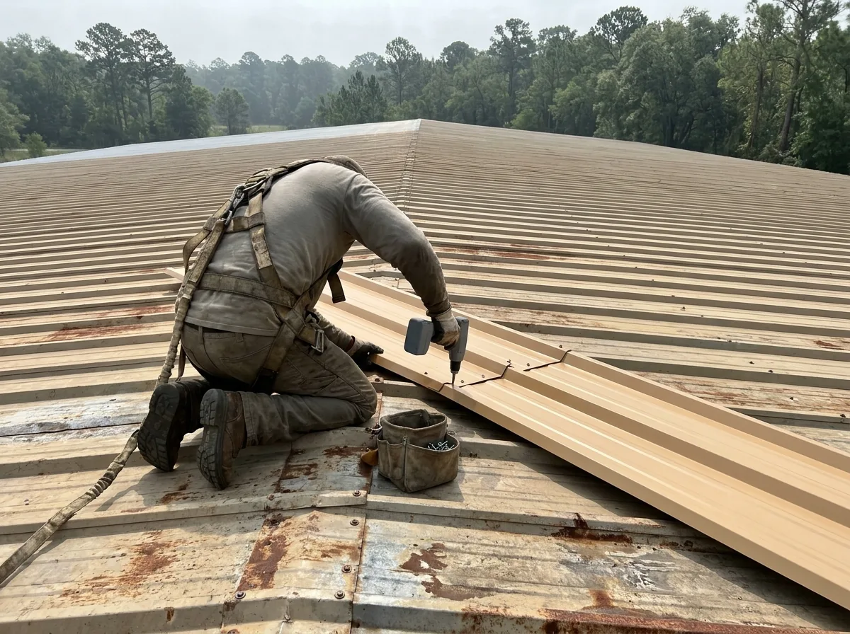 Worker in gloves fastening a new tan PBR panel on a warehouse roof among older faded panels