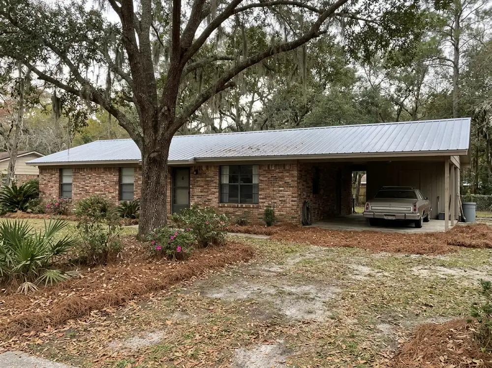 Brick ranch house with an attached carport covered by a low-slope silver 5V metal roof