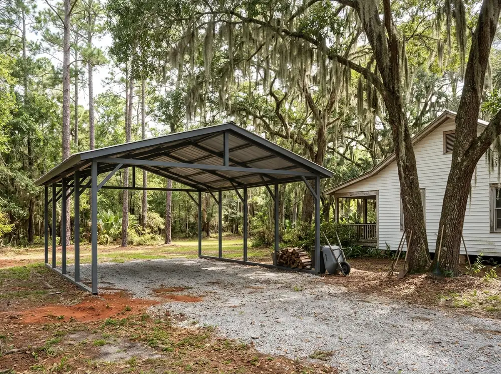 Freestanding steel carport with a gray ribbed metal roof beside a frame cottage under live oaks