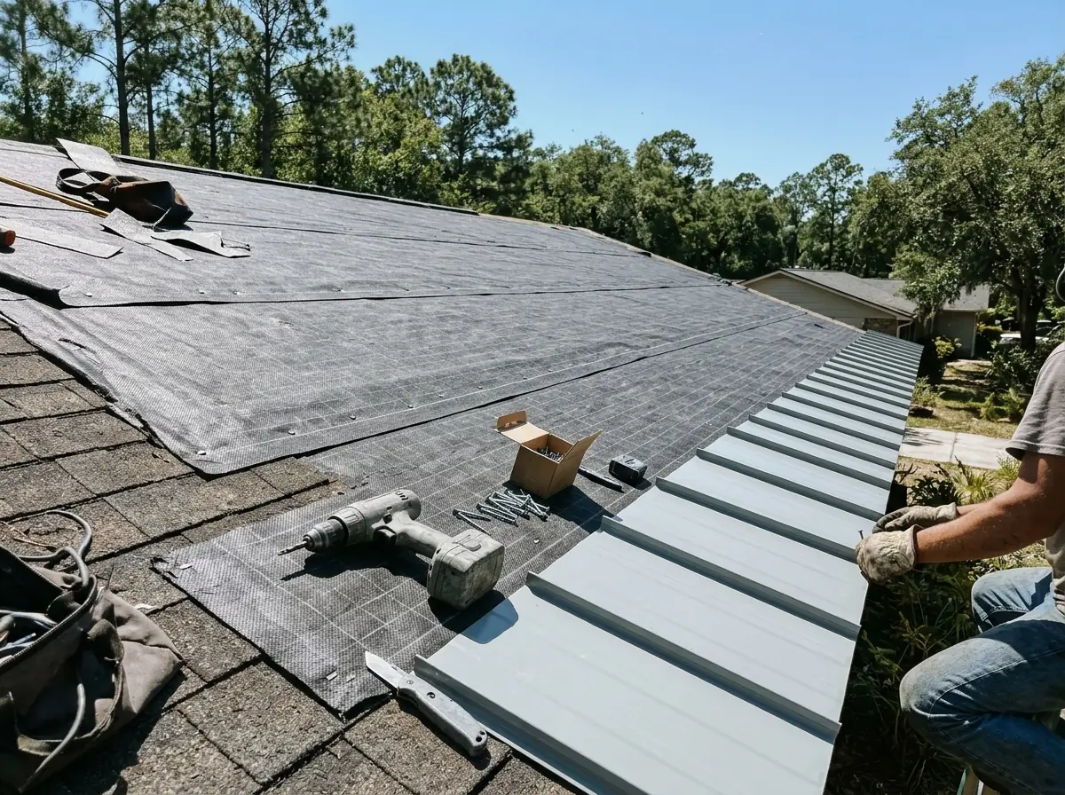 Synthetic underlayment rolled out over old asphalt shingles with the first metal panels fastened above