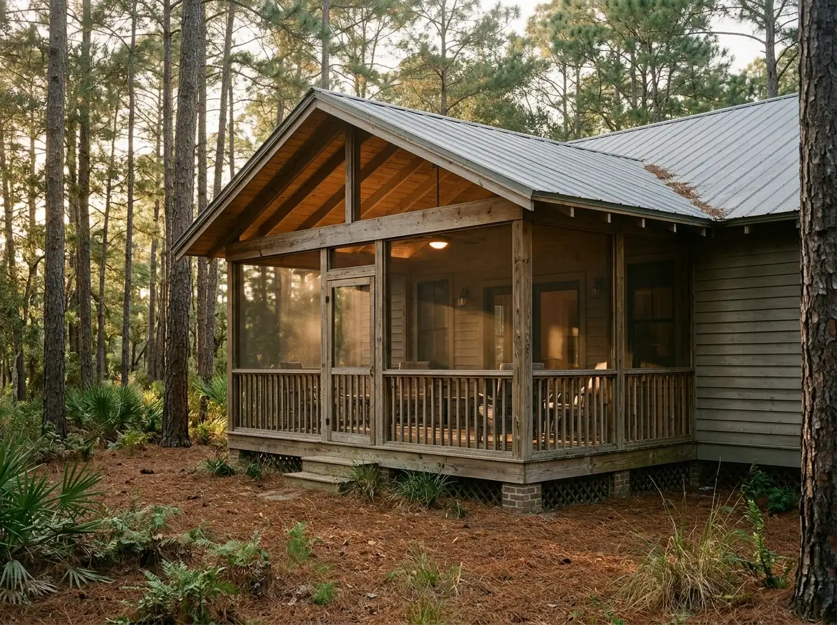 Gray standing seam metal roof over a screened porch with wood framing visible inside