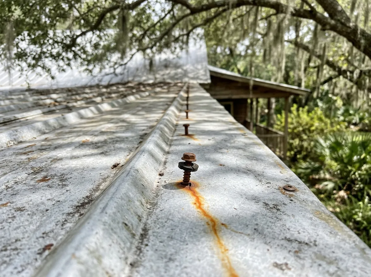 Row of exposed roof screws on a weathered silver 5V panel with one screw backed out and rust streaking below it