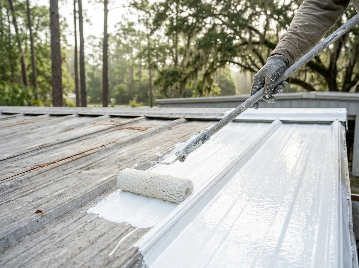 Roller spreading a bright white silicone coating across a ribbed metal roof panel