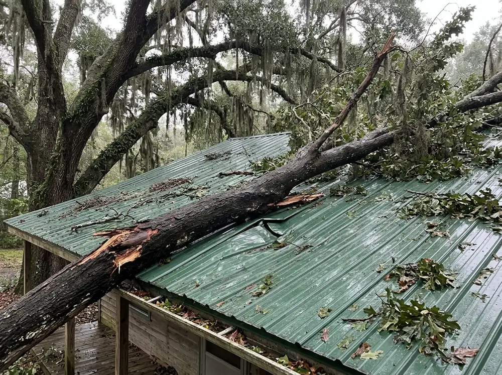 Broken oak limb resting across a green ribbed metal roof with a dented panel beneath it