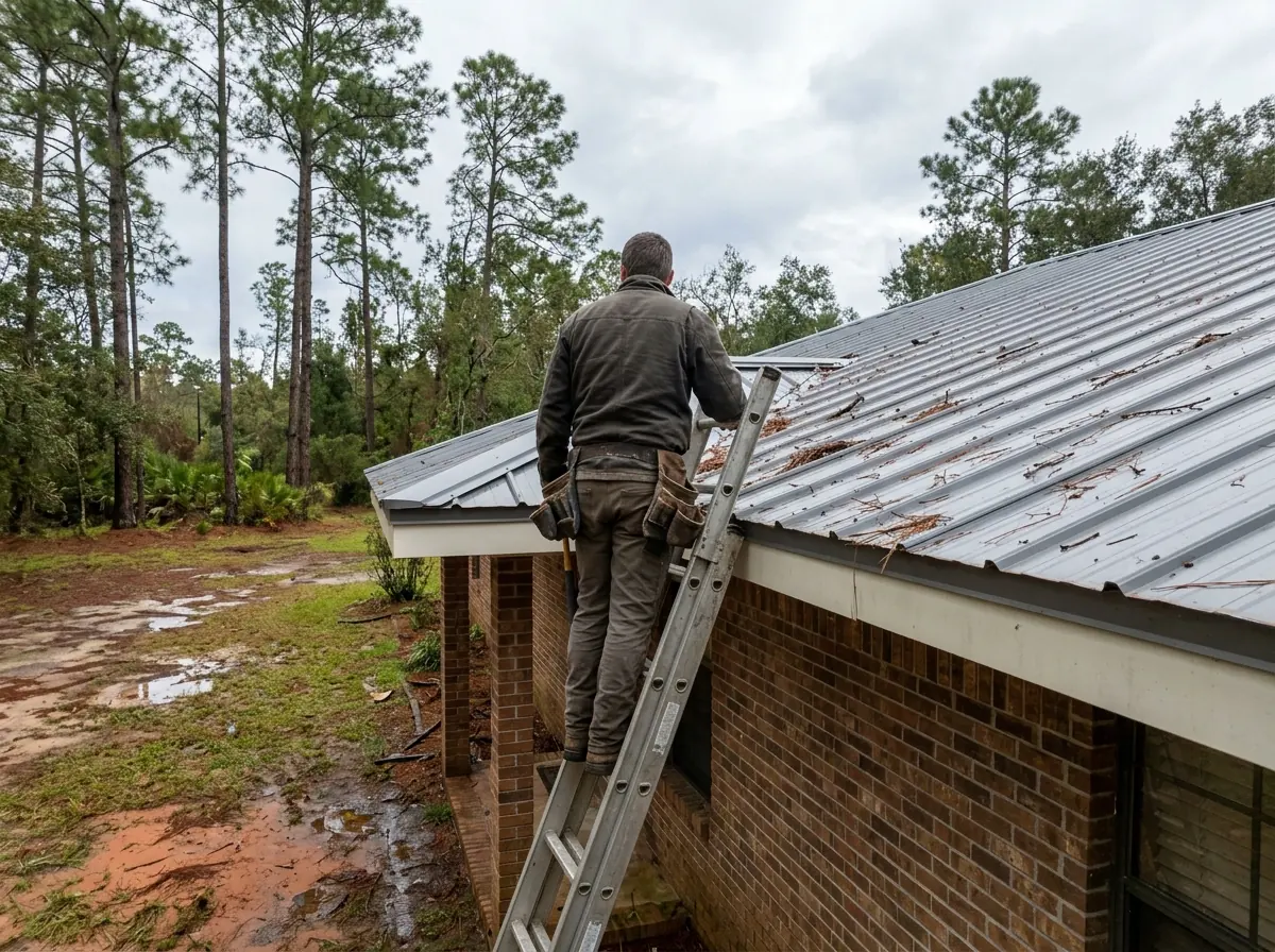 Roofer on a ladder at the eave of a gray standing seam roof checking a panel edge after a storm