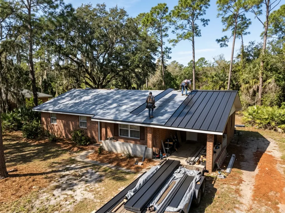 Crew laying the first standing seam panels over new underlayment on a single-story brick ranch house under pine trees