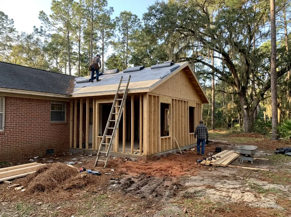 Fresh plywood roof deck on a new frame addition beside a brick house, partly covered in gray synthetic underlayment