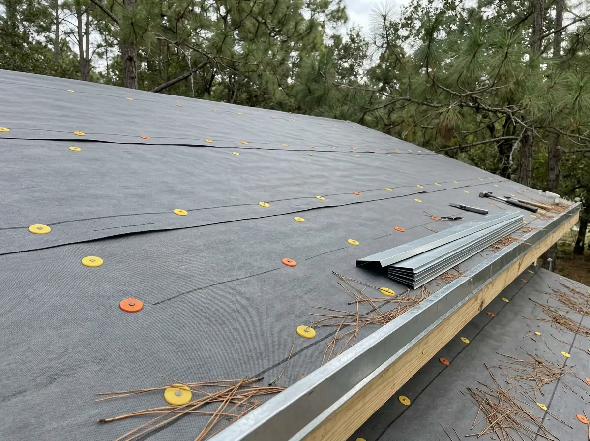 Gray synthetic underlayment cap-nailed in rows across a roof deck with metal drip edge along the eave