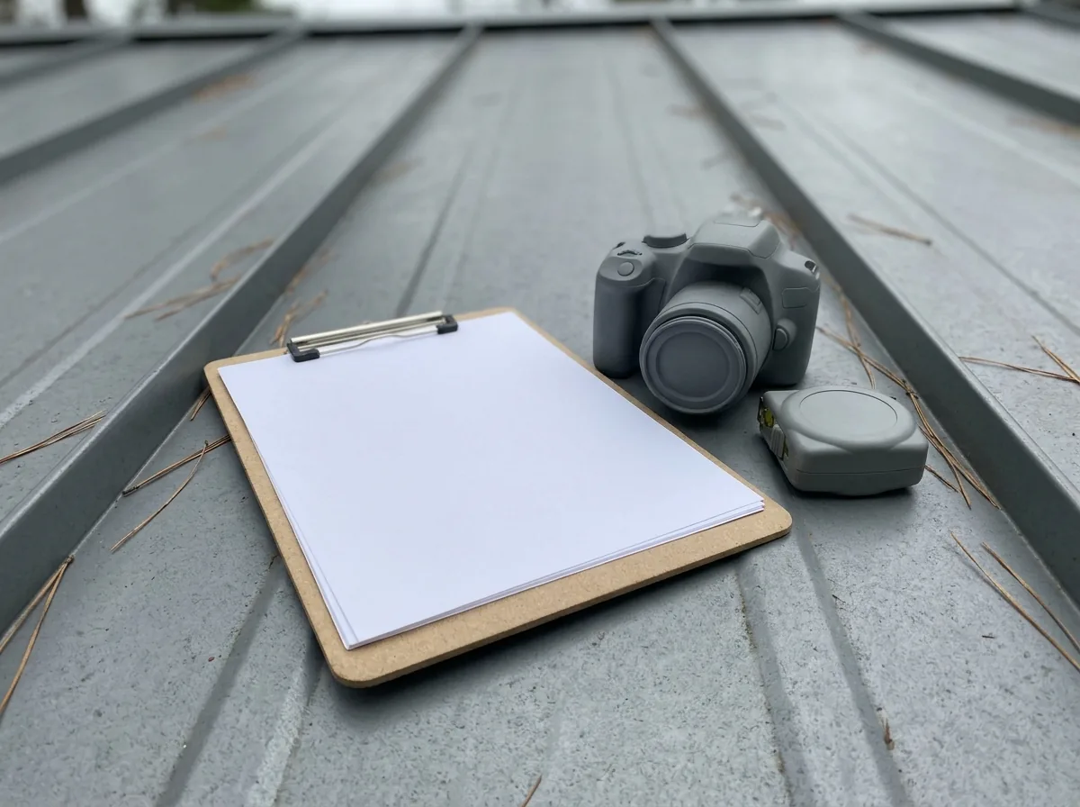 Clipboard, camera and tape measure resting on a gray metal roof panel during an inspection