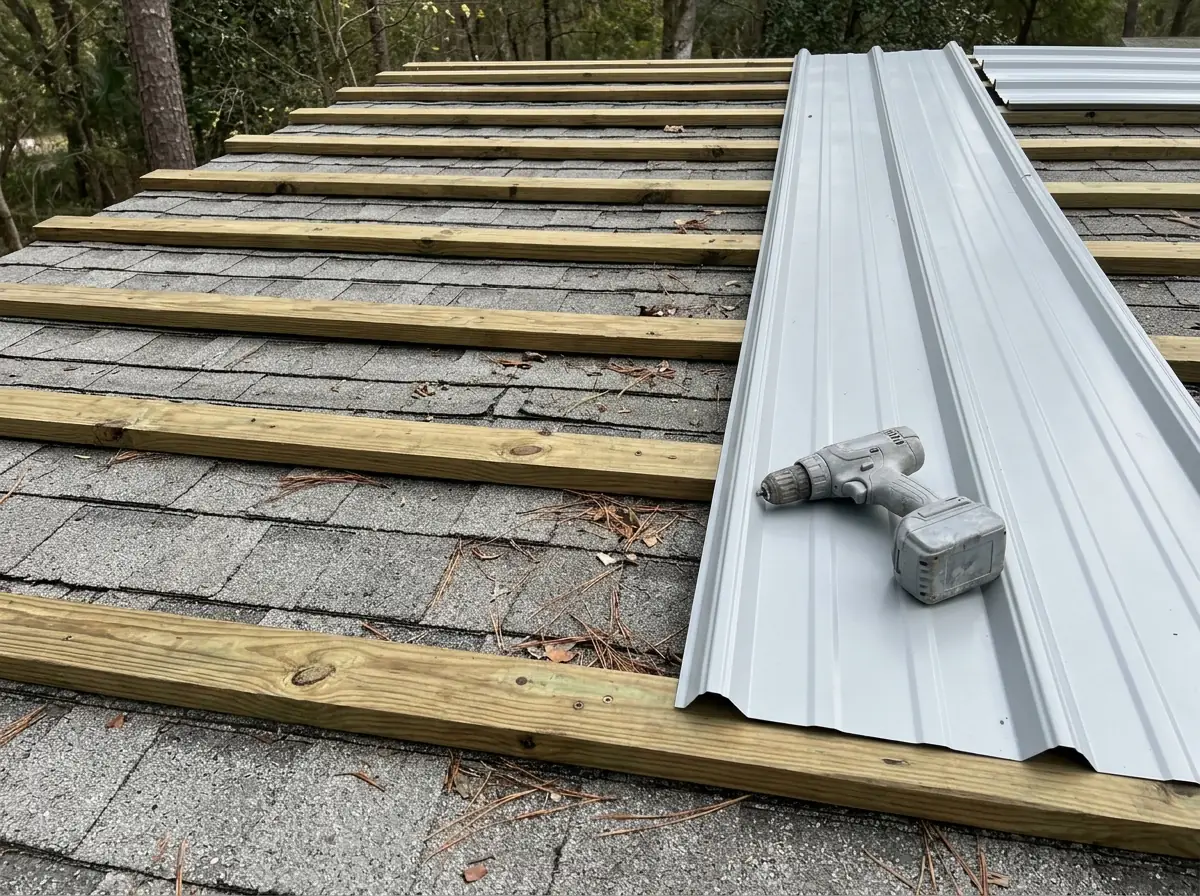 Wood battens fastened over old shingles with the first light gray metal panels installed above them