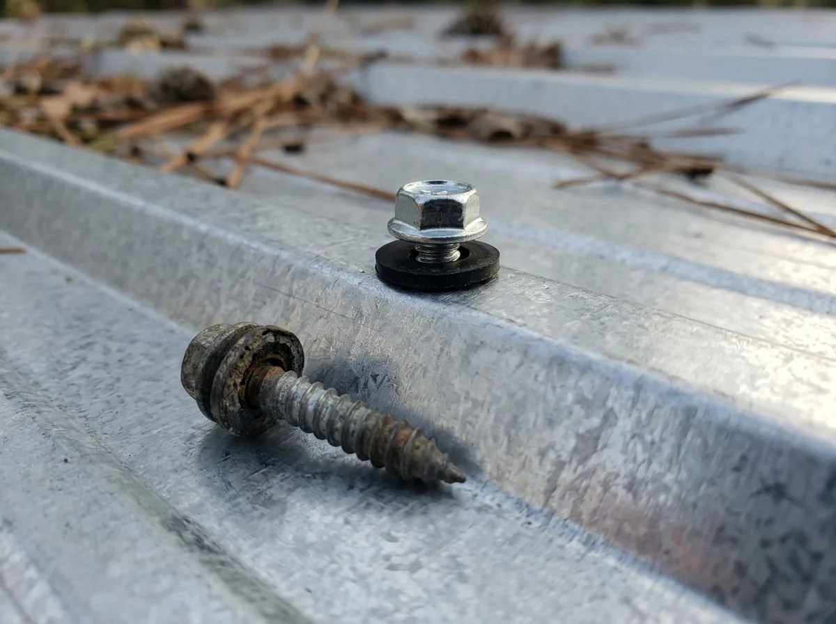 Close view of a new oversized hex-head screw with a black rubber washer seated in a metal roof rib