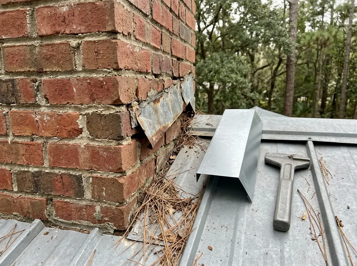 Bent metal counterflashing where a gray metal roof meets a brick chimney, with a new flashing piece beside it