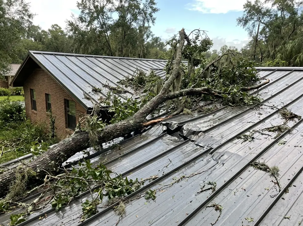 Metal roof panel with a dent and small puncture from a fallen oak limb, with leaves and twigs nearby
