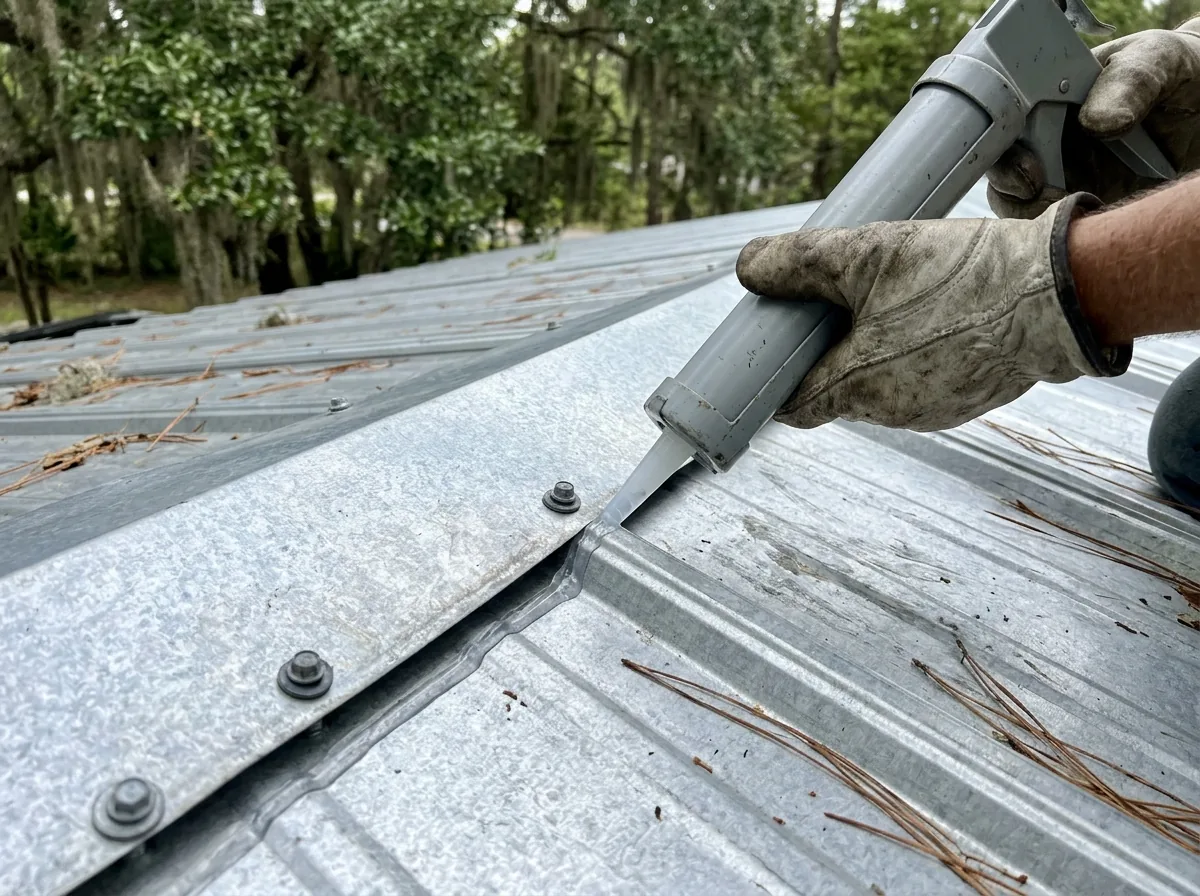 Roofer applying a bead of sealant along an overlapping lap of a ribbed metal roof panel