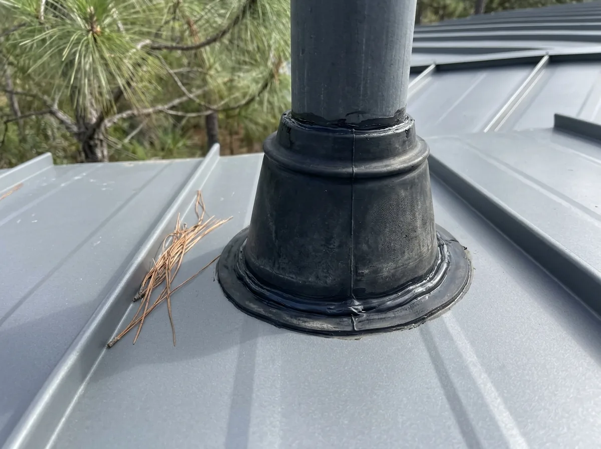 Close view of a rubber pipe boot flashing around a plumbing vent on a gray standing seam roof