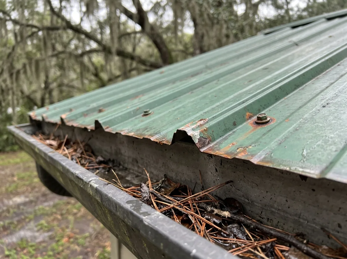 Orange rust spots along the cut lower edge of a faded green metal roof panel at the eave