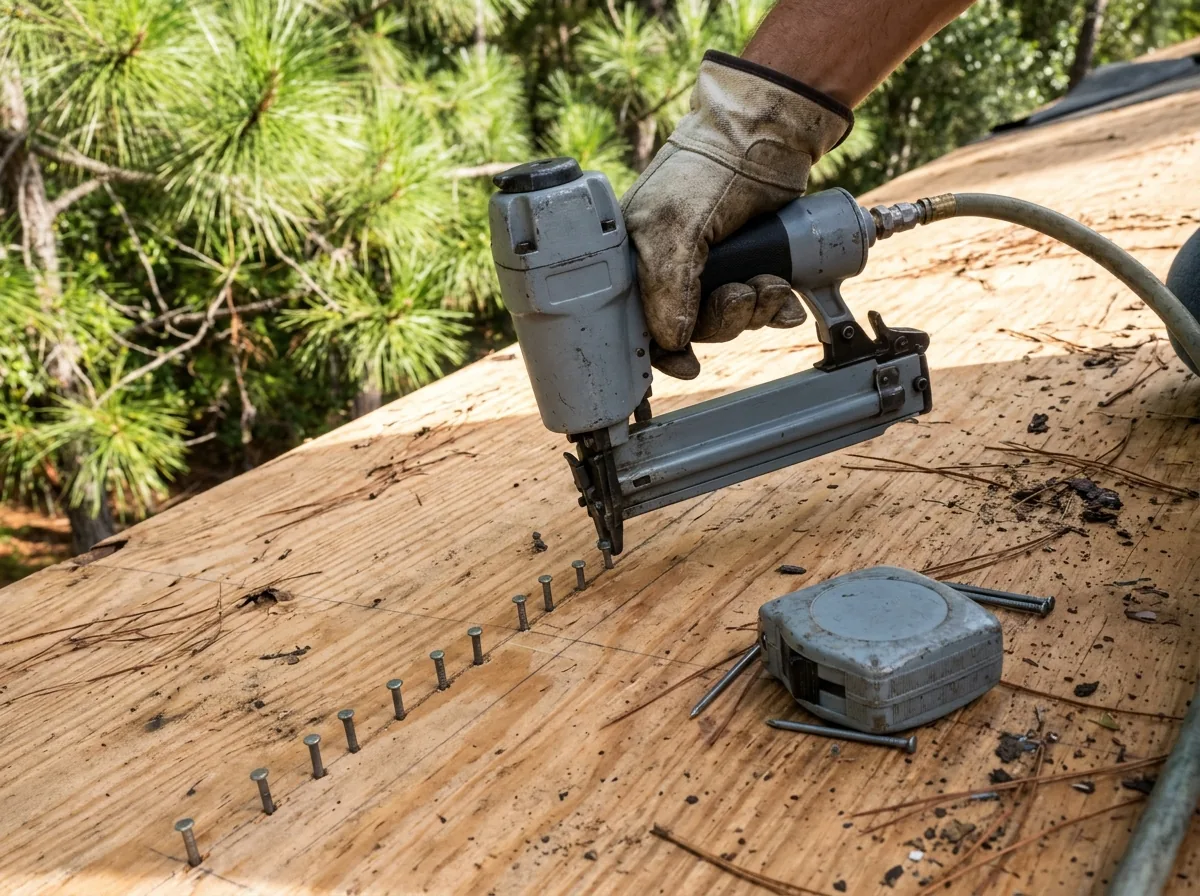Roofer's gloved hand driving ring-shank nails into exposed plywood roof decking along a rafter line