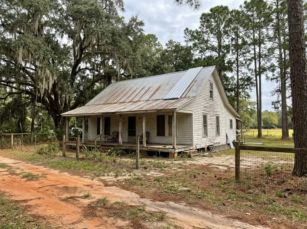 Faded and rust-streaked 5V metal roof on a frame farmhouse with a few new silver panels laid on top