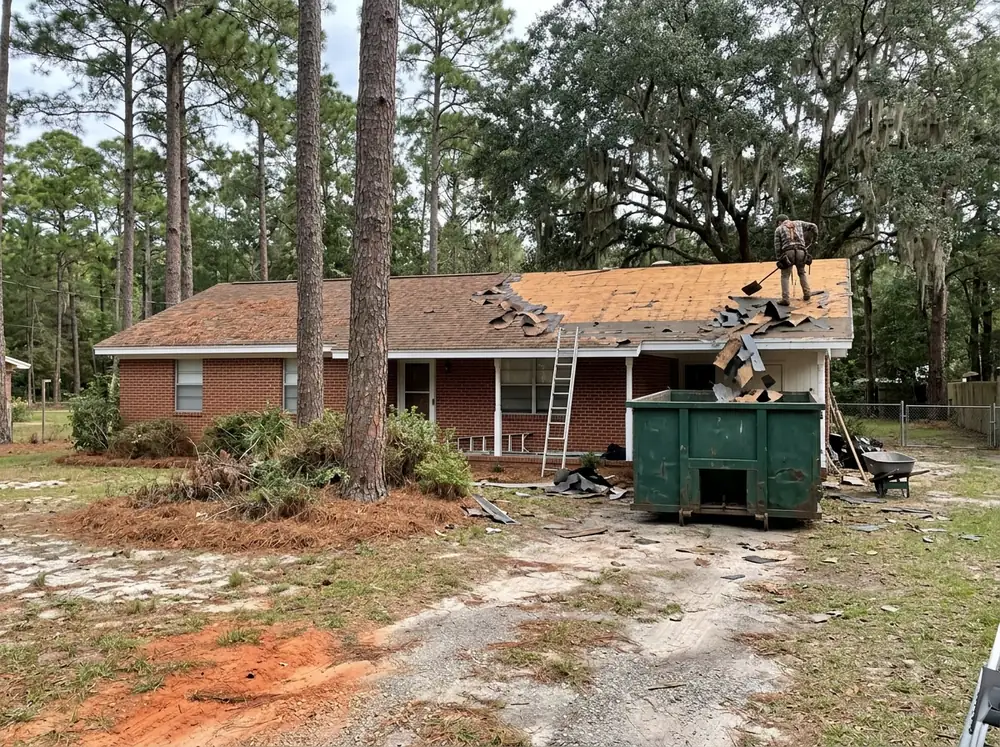 Old brown asphalt shingles being stripped from a brick ranch roof, exposing plywood decking beside a dumpster