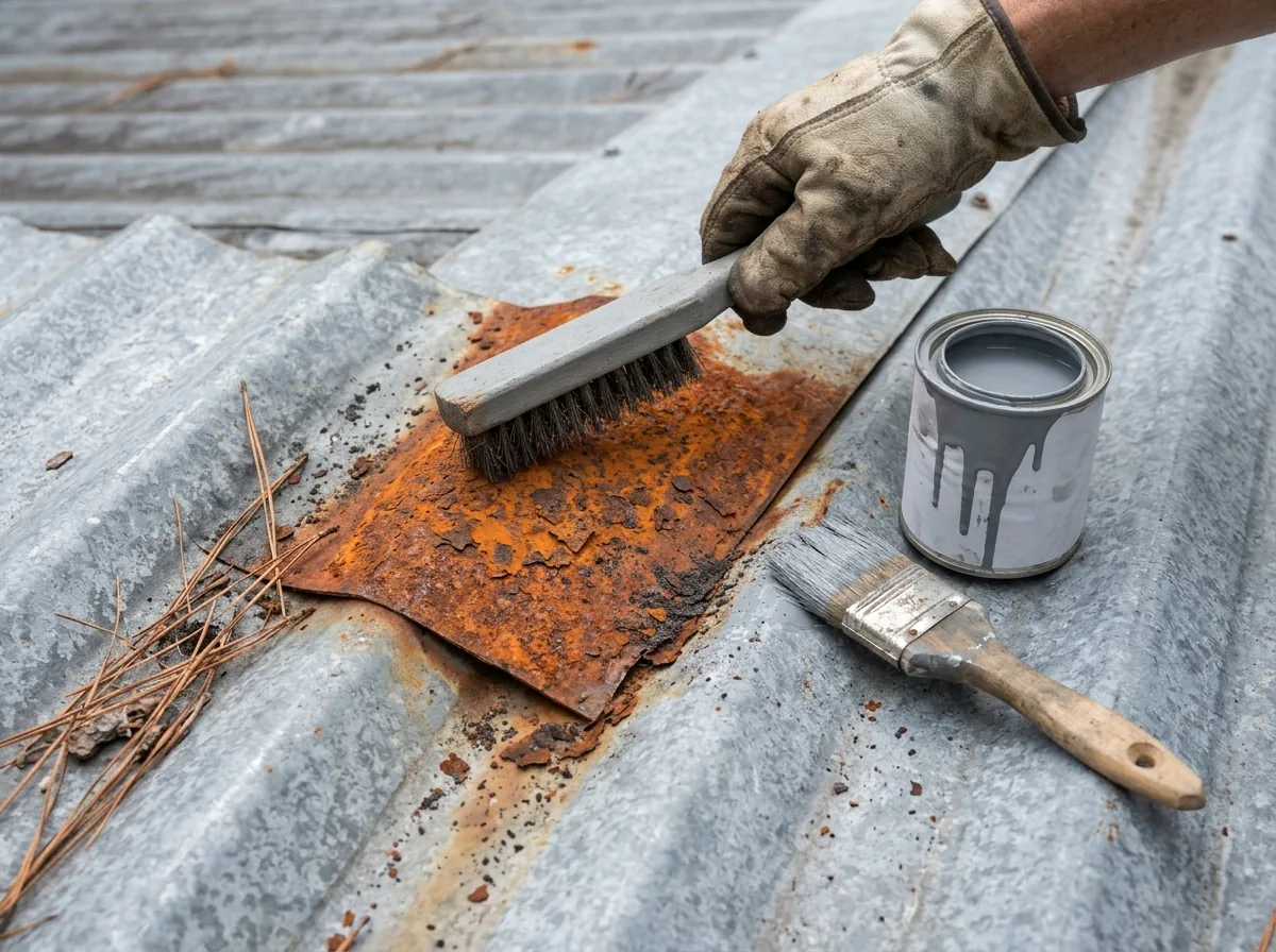 Patch of surface rust on a galvanized roof panel being wire-brushed before primer