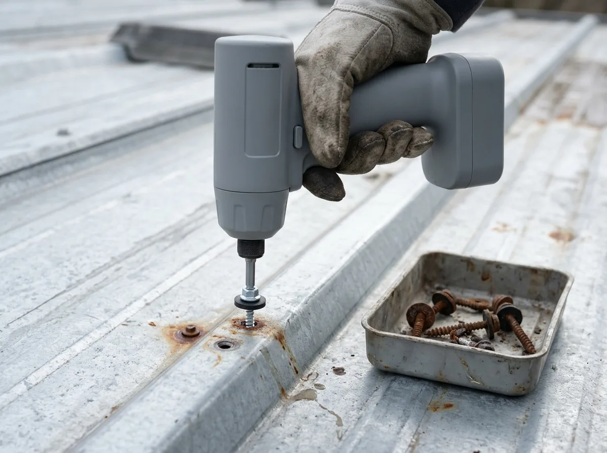 Gloved hand driving a new gasketed screw into an exposed-fastener metal roof panel