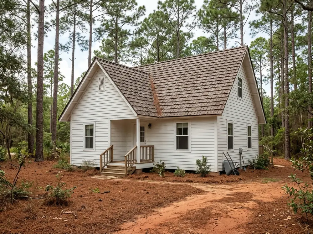 Brown steel shingles with a rough cedar shake texture on a frame cottage under pines
