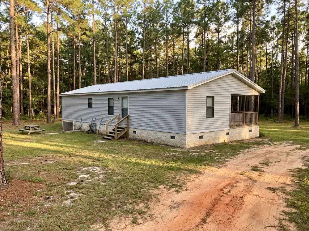 Double-wide manufactured home on a skirted block foundation with a light gray metal roof-over and pine trees behind