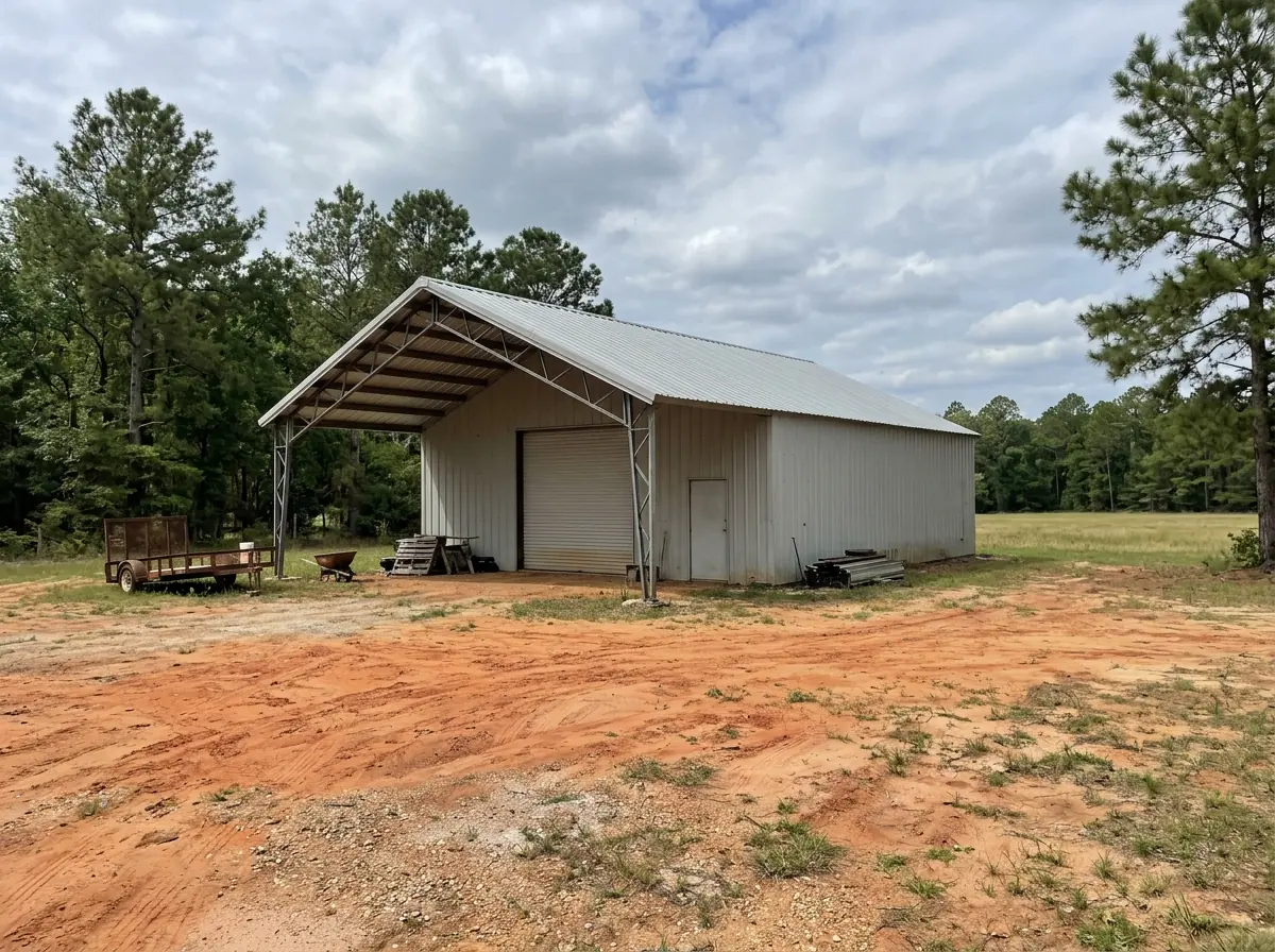 Light gray PBR metal roof panels on a steel-framed workshop with open purlins visible at the gable