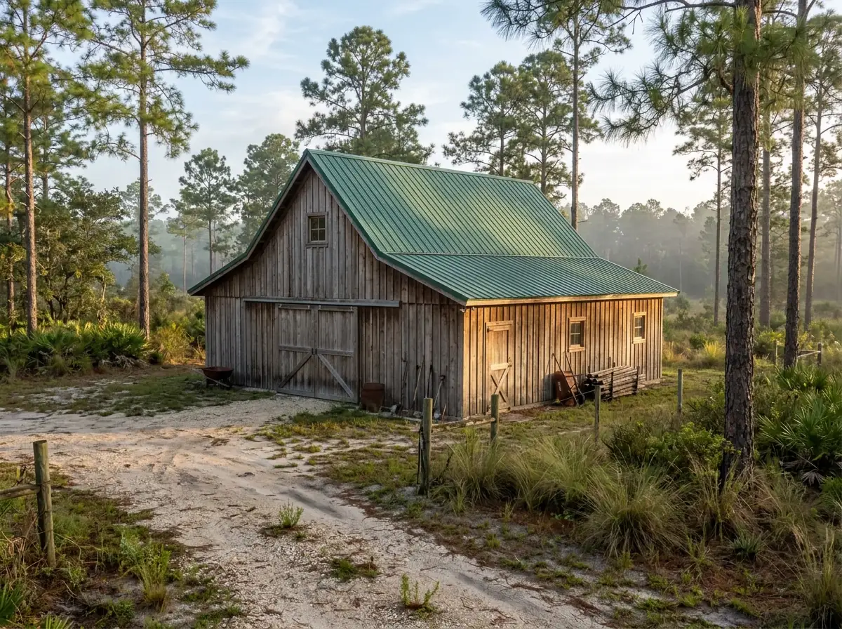 Forest green R-panel metal roof on a wood barn with exposed screws in rows