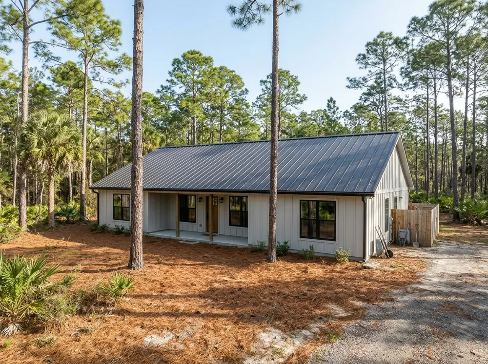 Charcoal R-panel metal roof with tall square ribs on a single-story frame house