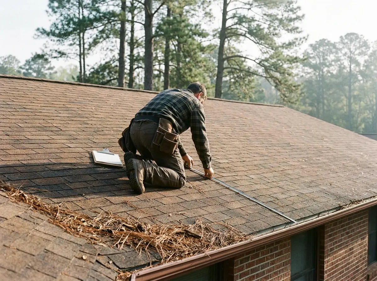 Roofer seen from behind measuring a worn asphalt shingle roof before a metal roof estimate