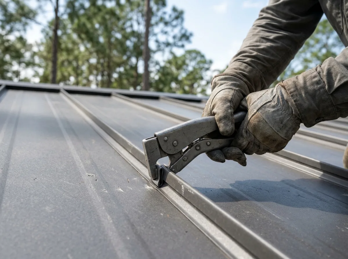 Hand seaming tool folding the raised seam of two charcoal standing seam panels on a roof