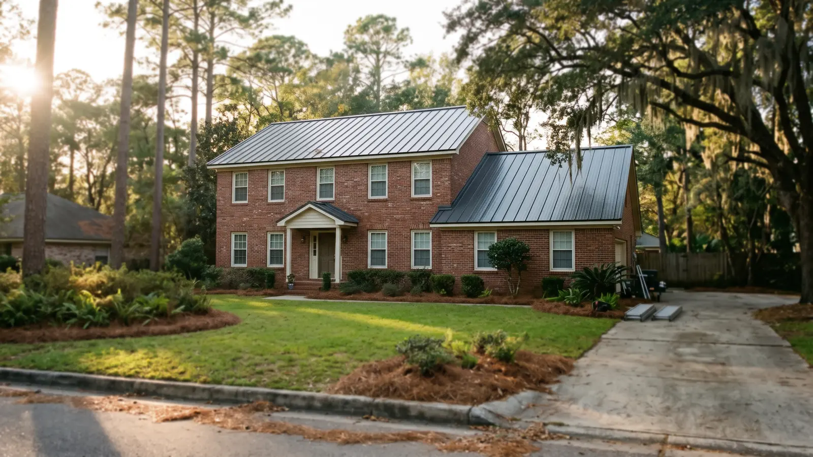 Two-story red brick home with a new charcoal gray standing seam metal roof under tall pines and a moss-draped live oak