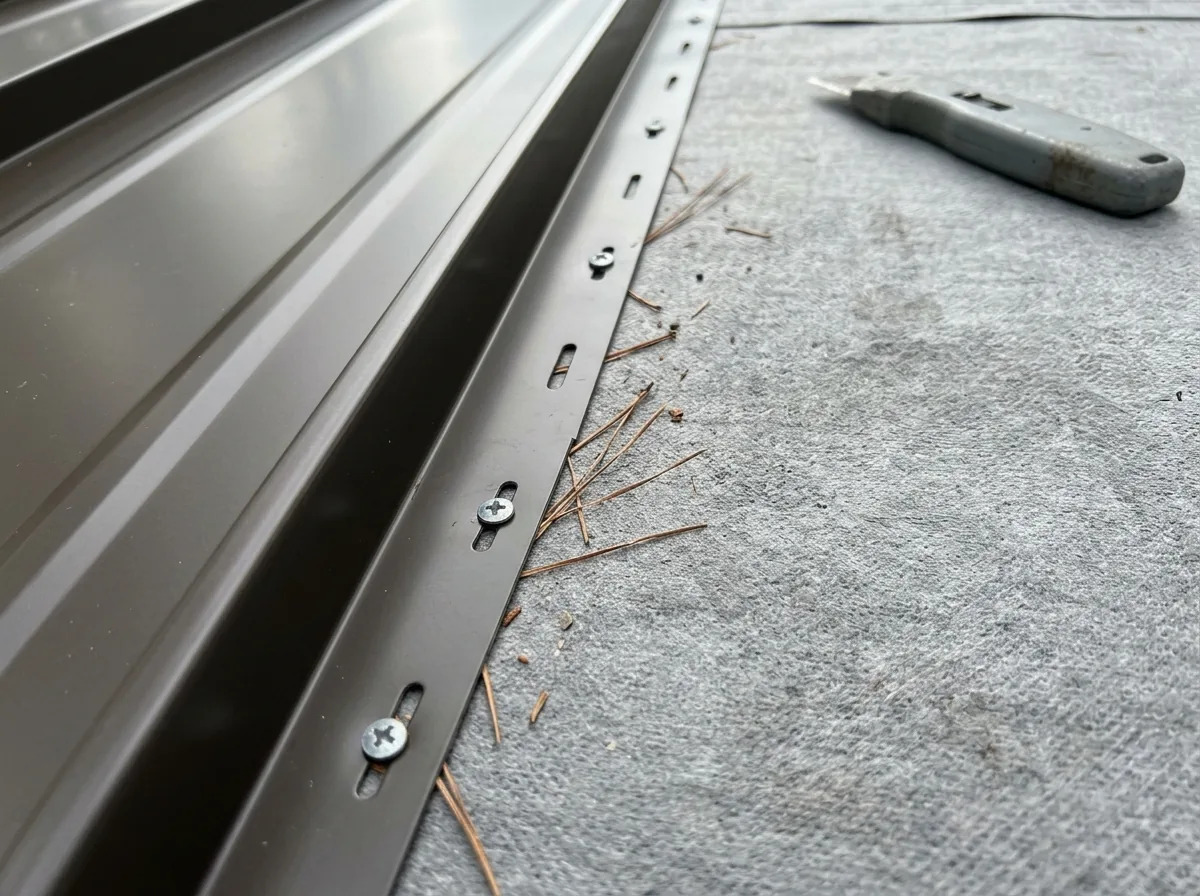 Close view of a nail-strip standing seam panel fastened through its flange, before the next panel covers it