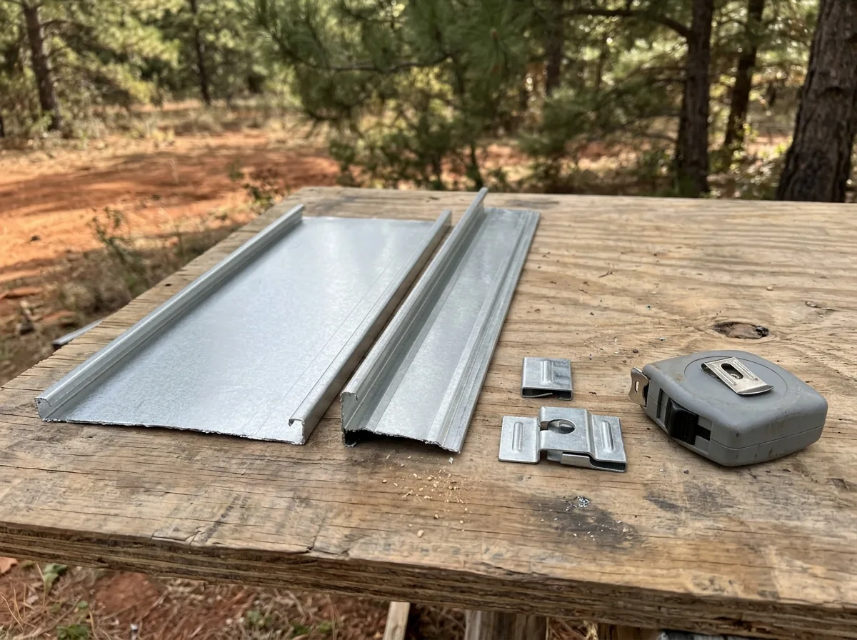 Two standing seam panel samples of different widths and seam heights laid side by side with a pair of metal clips