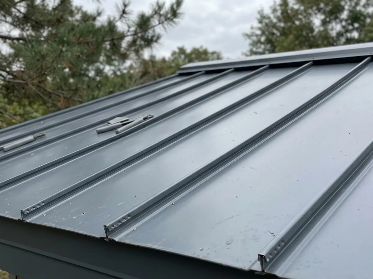 Close view of standing seam metal panels with raised vertical seams running up a roof slope