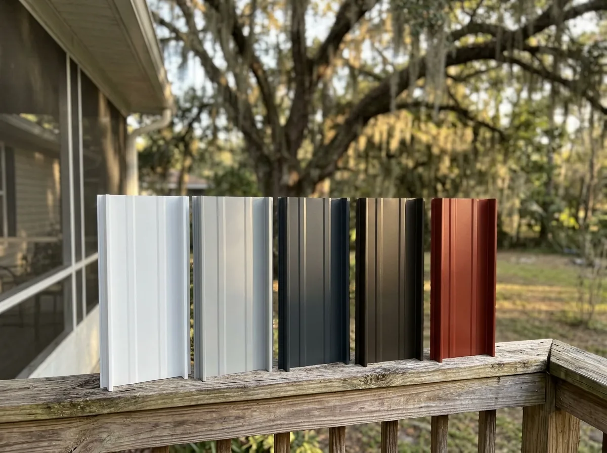 Row of painted standing seam panel samples in white, gray, bronze and red showing finish colors